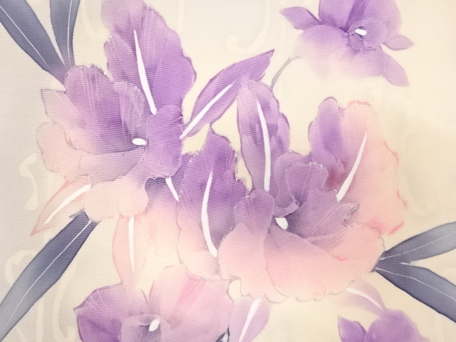 アンティーク　塩瀬　手描き　胡蝶蘭模様名古屋帯